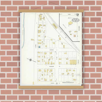 Old map wall art mockup — magnetic wood frame on brick wall — Sanborn Fire Insurance Map from Chippewa Falls, Chippewa County, Wisconsin (1910), Sheet #0021