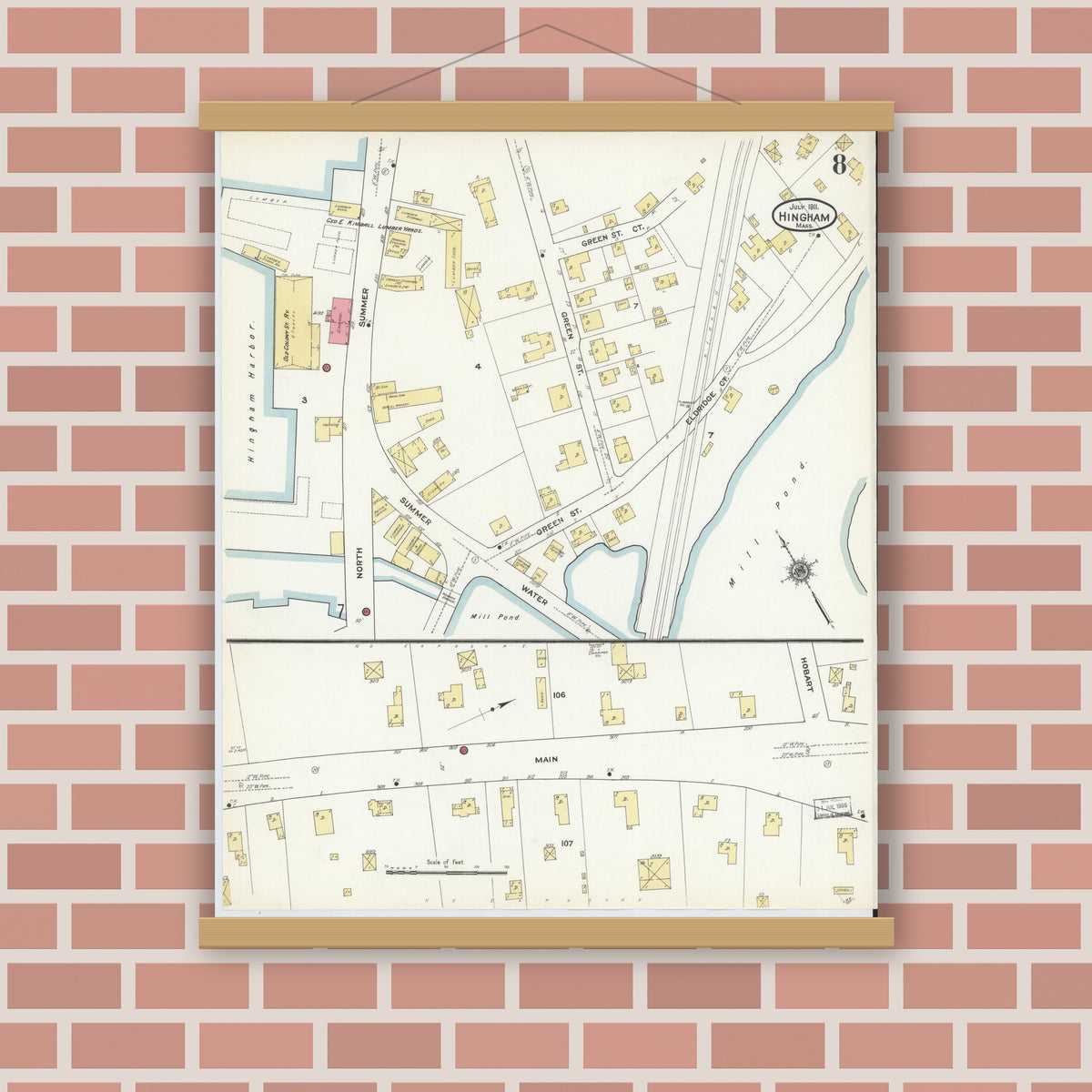 Old map wall art mockup — magnetic wood frame on brick wall — Sanborn Fire Insurance Map from Hingham, Plymouth County, Massachusetts (1911), Sheet #0008