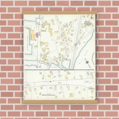 Old map wall art mockup — magnetic wood frame on brick wall — Sanborn Fire Insurance Map from Hingham, Plymouth County, Massachusetts (1911), Sheet #0008