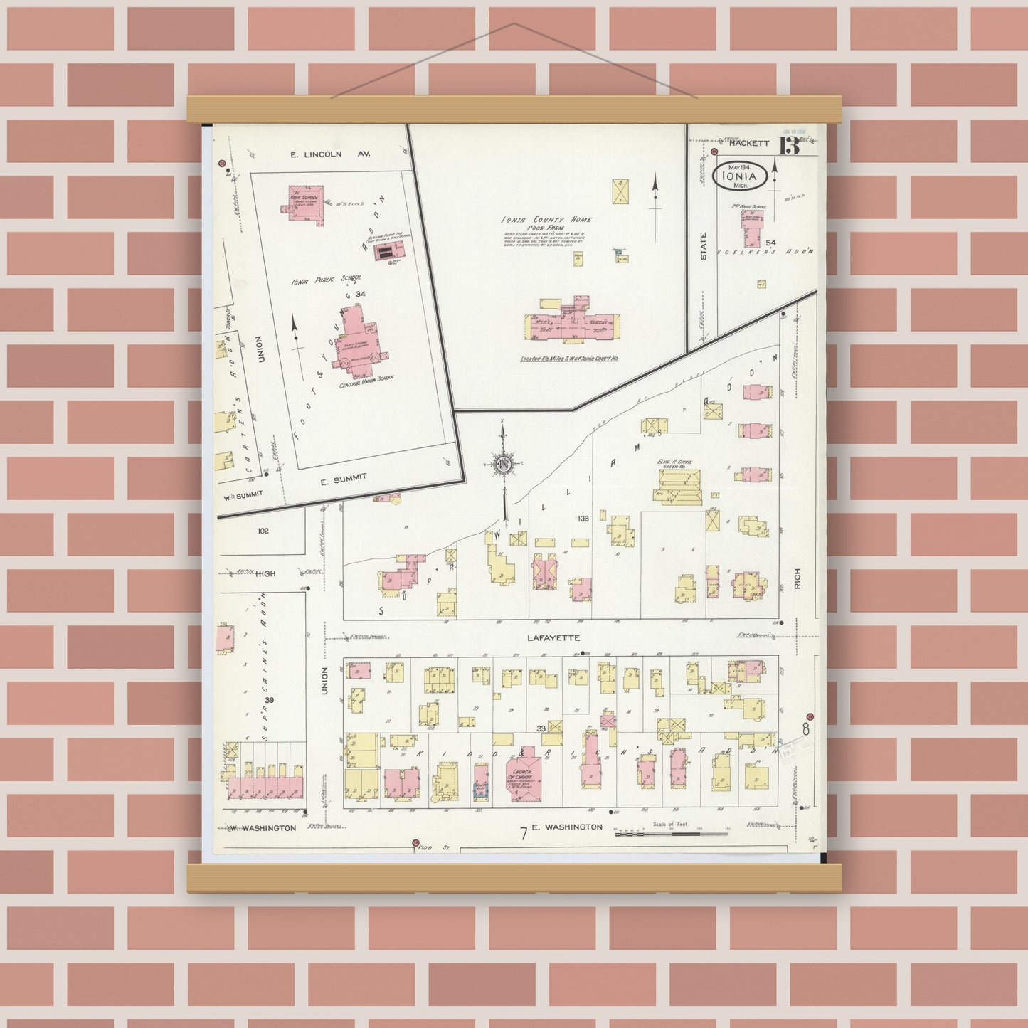 Old map wall art mockup — magnetic wood frame on brick wall — Sanborn Fire Insurance Map from Ionia, Ionia County, Michigan (1914), Sheet #0013