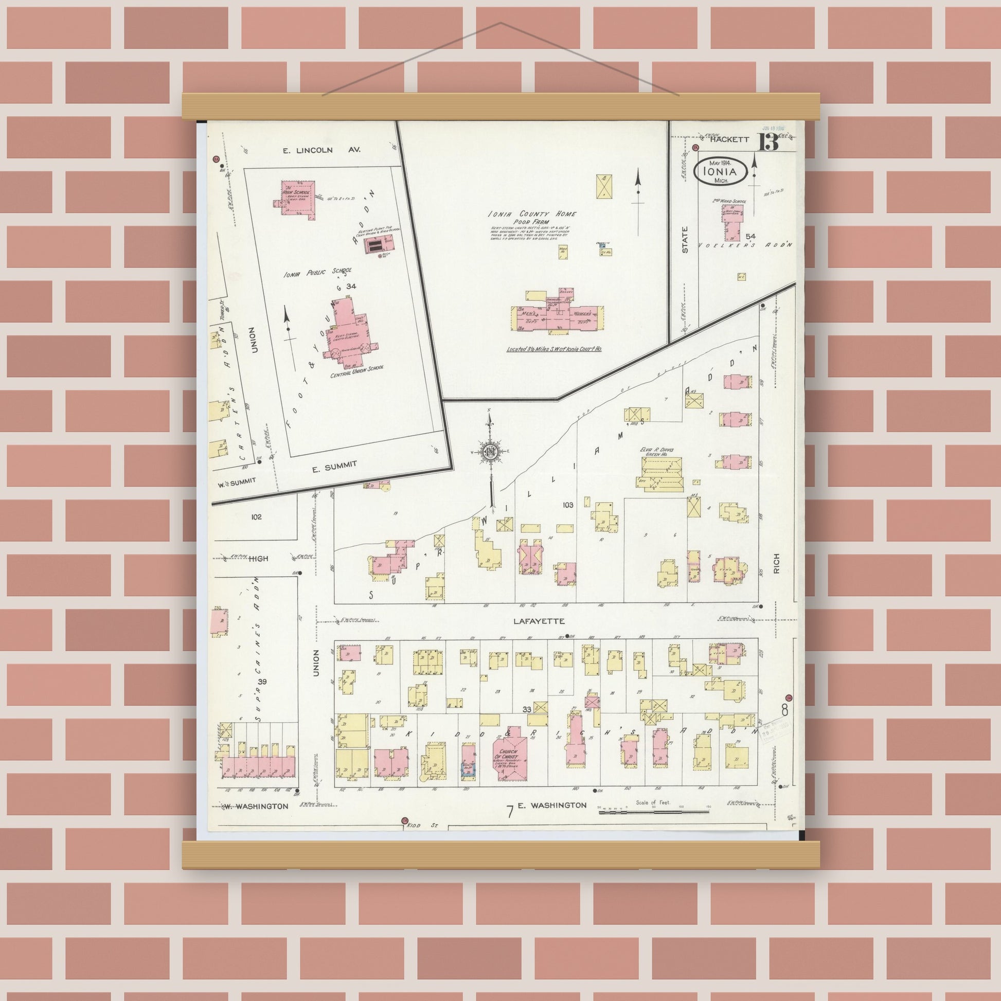 Old map wall art mockup — magnetic wood frame on brick wall — Sanborn Fire Insurance Map from Ionia, Ionia County, Michigan (1914), Sheet #0013