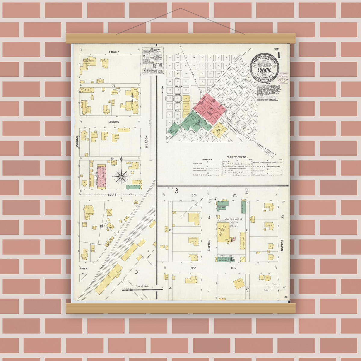 Old map wall art mockup — magnetic wood frame on brick wall — Sanborn Fire Insurance Map from Lufkin, Angelina County, Texas (1904) - Complete Map Set