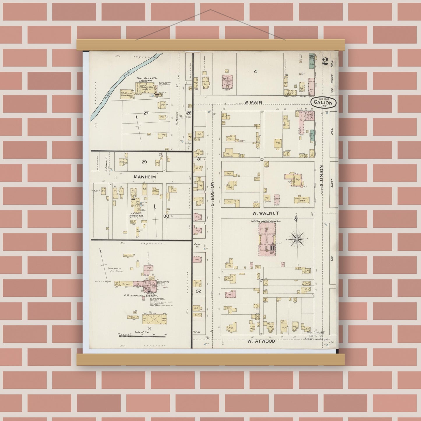 Old map wall art mockup — magnetic wood frame on brick wall — Sanborn Fire Insurance Map from Galion, Crawford County, Ohio (1887), Sheet #0002