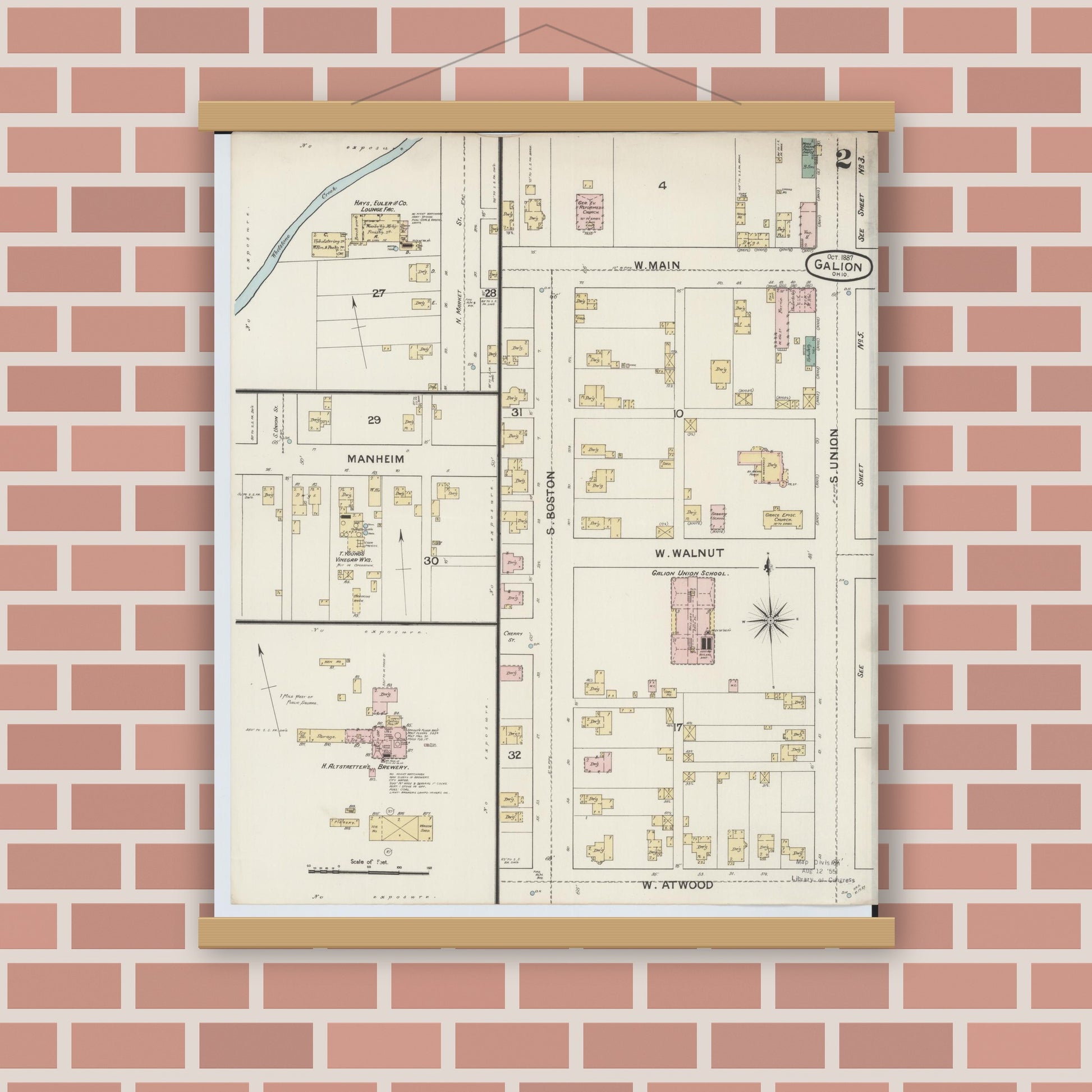Old map wall art mockup — magnetic wood frame on brick wall — Sanborn Fire Insurance Map from Galion, Crawford County, Ohio (1887), Sheet #0002