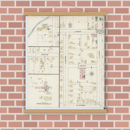 Old map wall art mockup — magnetic wood frame on brick wall — Sanborn Fire Insurance Map from Galion, Crawford County, Ohio (1887), Sheet #0002