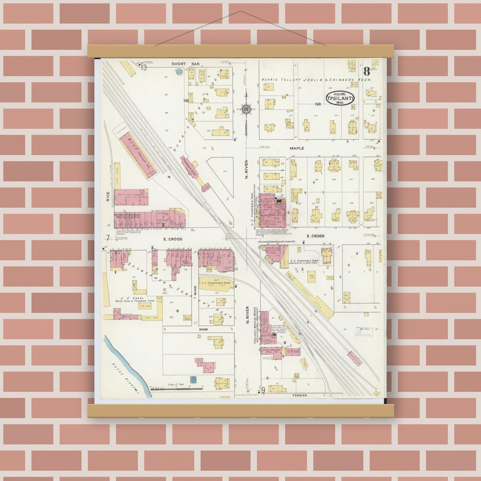 Old map wall art mockup — magnetic wood frame on brick wall — Sanborn Fire Insurance Map from Ypsilanti, Washtenaw County, Michigan (1916), Sheet #0008
