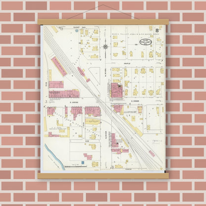 Old map wall art mockup — magnetic wood frame on brick wall — Sanborn Fire Insurance Map from Ypsilanti, Washtenaw County, Michigan (1916), Sheet #0008