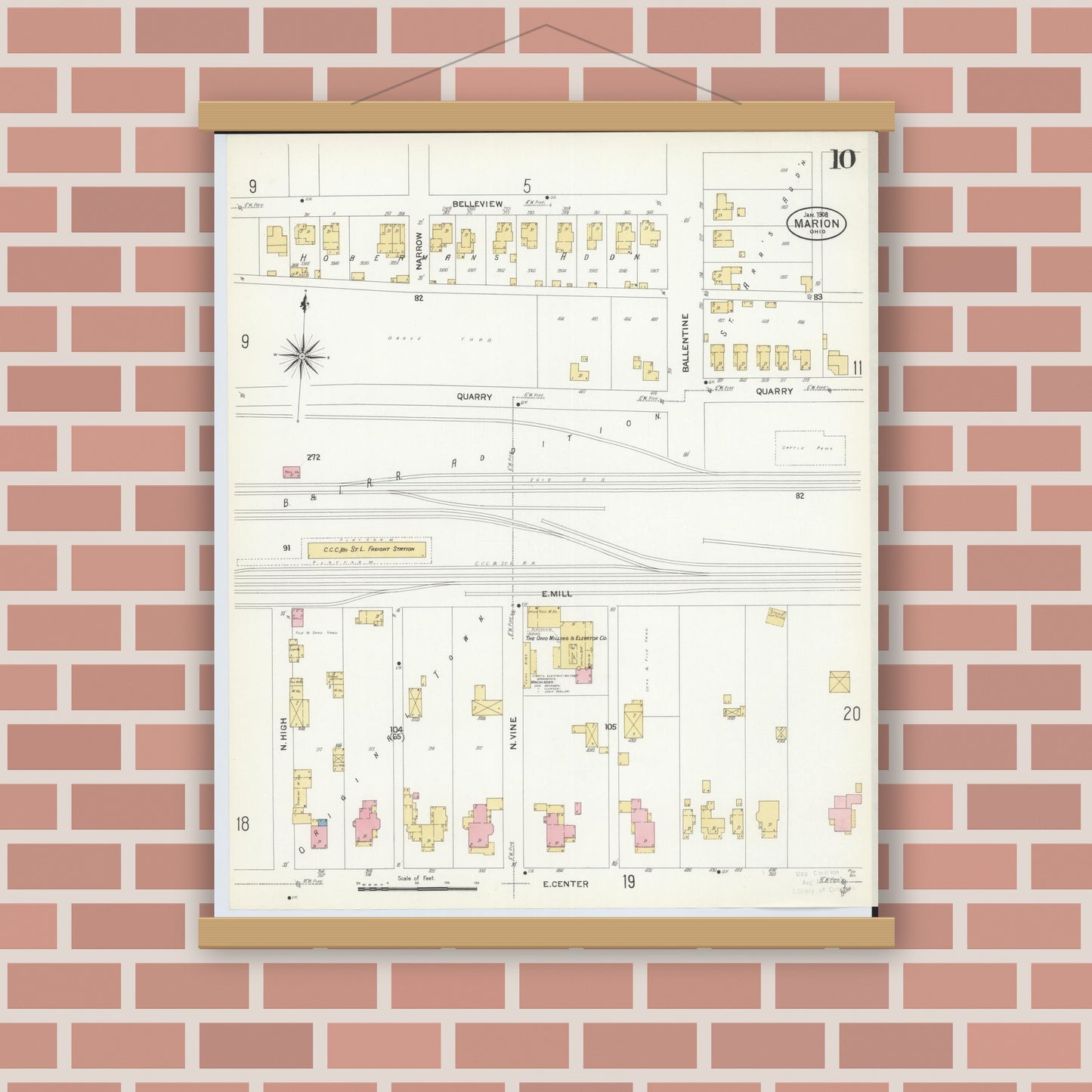 Old map wall art mockup — magnetic wood frame on brick wall — Sanborn Fire Insurance Map from Marion, Marion County, Ohio (1908), Sheet #0010