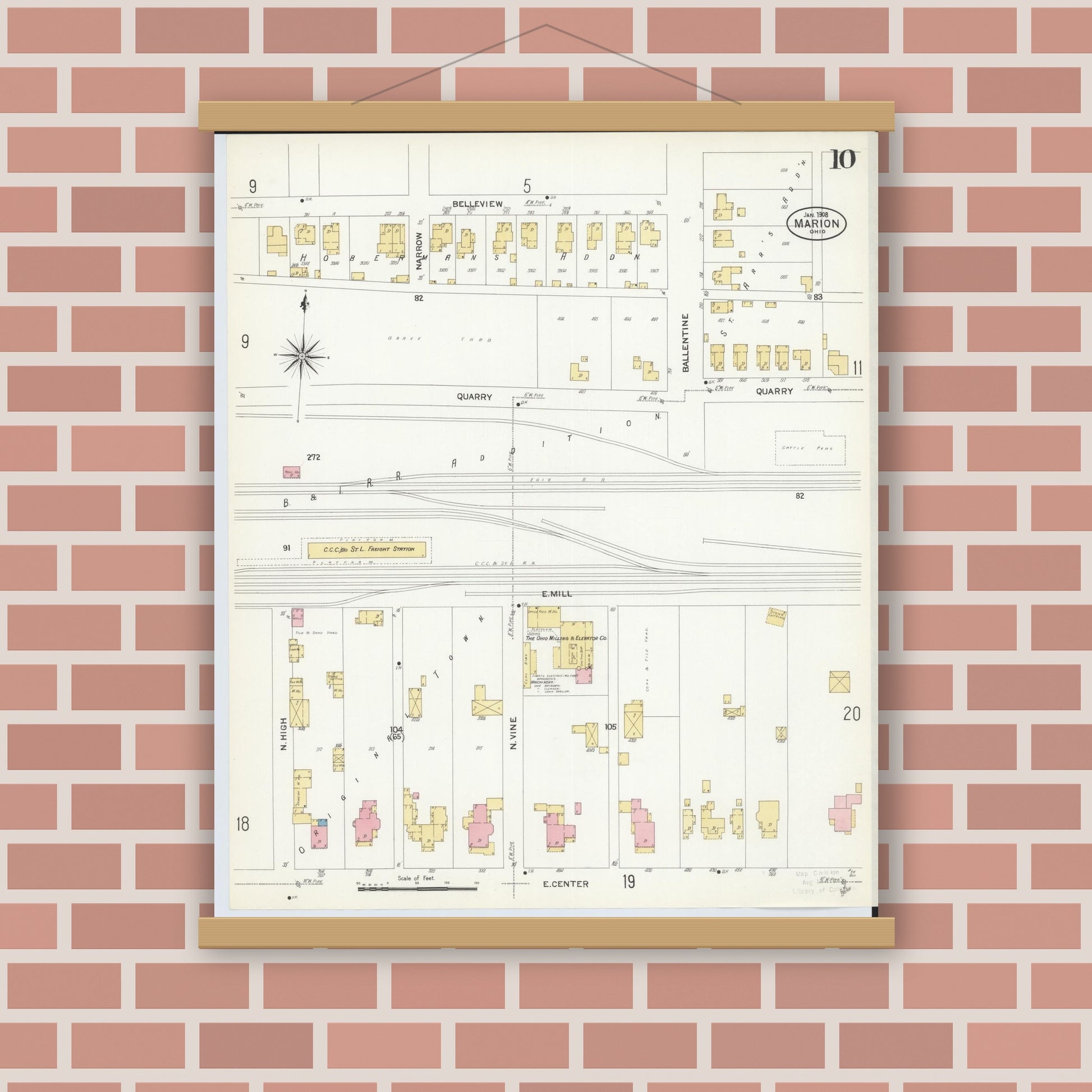 Old map wall art mockup — magnetic wood frame on brick wall — Sanborn Fire Insurance Map from Marion, Marion County, Ohio (1908), Sheet #0010