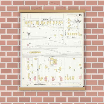 Old map wall art mockup — magnetic wood frame on brick wall — Sanborn Fire Insurance Map from Marion, Marion County, Ohio (1908), Sheet #0010