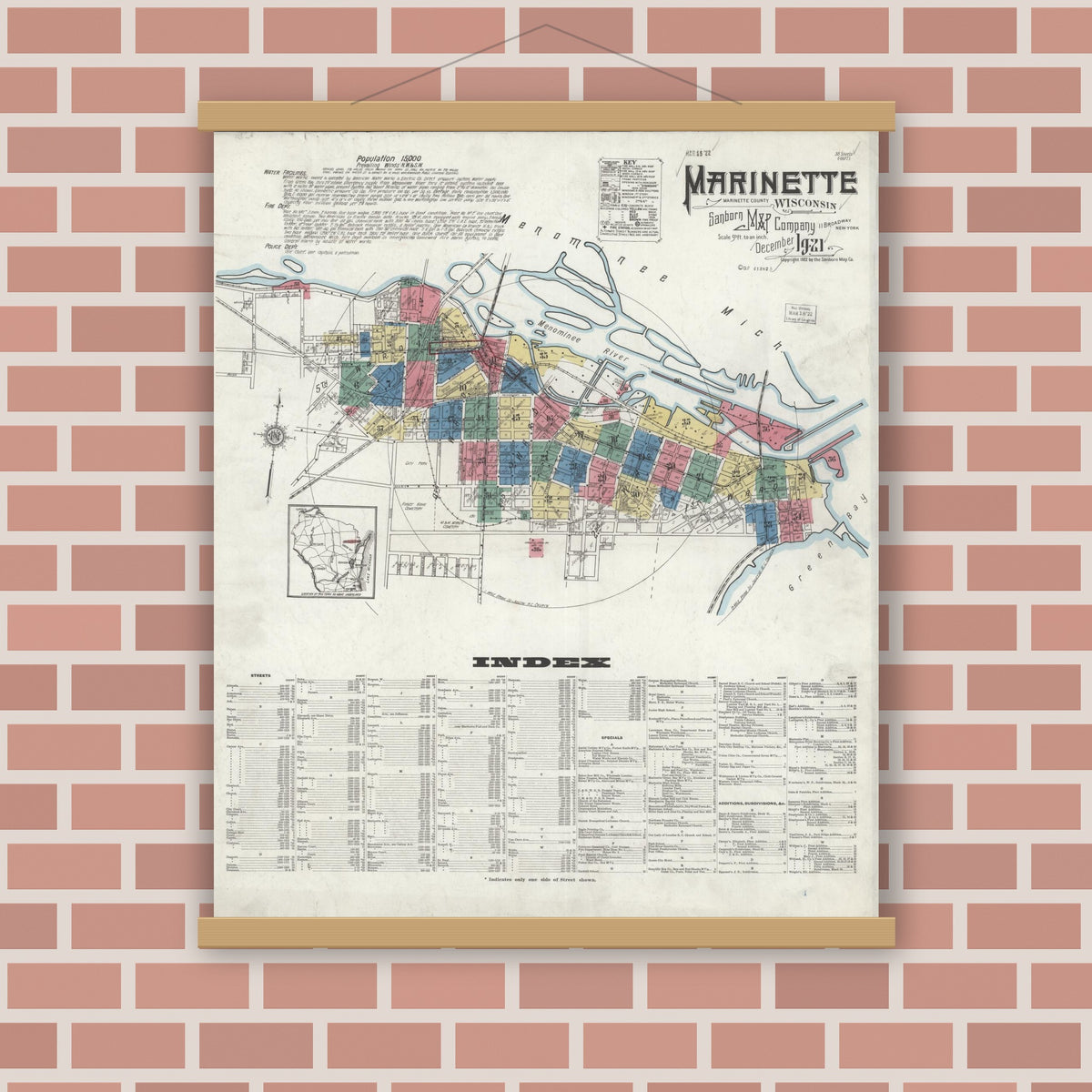 Old map wall art mockup — magnetic wood frame on brick wall — Sanborn Fire Insurance Map from Marinette, Marinette County, Wisconsin (1921), Sheet #0001