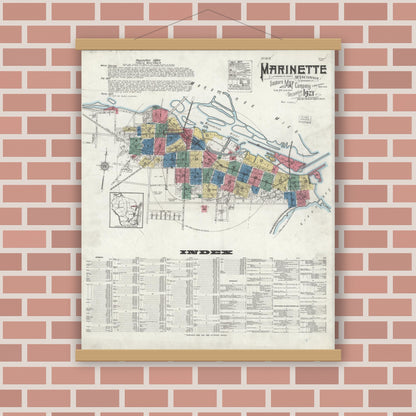 Old map wall art mockup — magnetic wood frame on brick wall — Sanborn Fire Insurance Map from Marinette, Marinette County, Wisconsin (1921), Sheet #0001