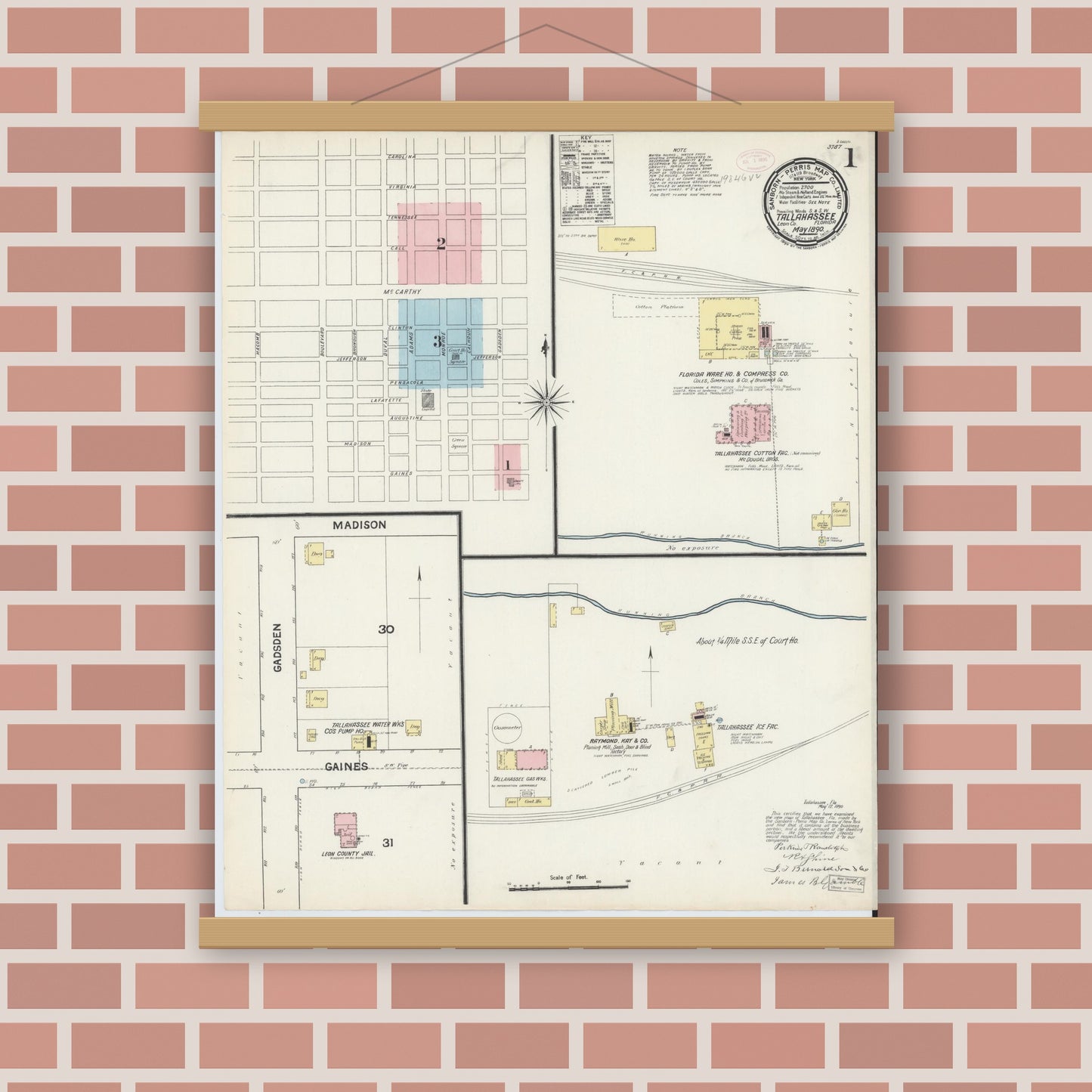 Old map wall art mockup — magnetic wood frame on brick wall — Sanborn Fire Insurance Map from Tallahassee, Leon County, Florida (1890) - Complete Map Set