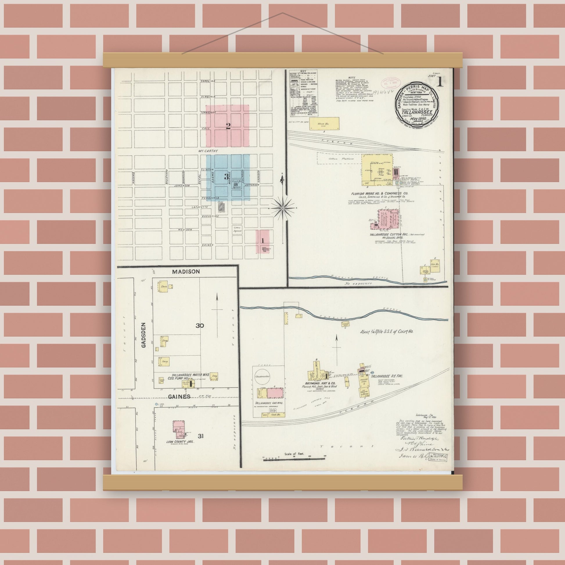 Old map wall art mockup — magnetic wood frame on brick wall — Sanborn Fire Insurance Map from Tallahassee, Leon County, Florida (1890) - Complete Map Set