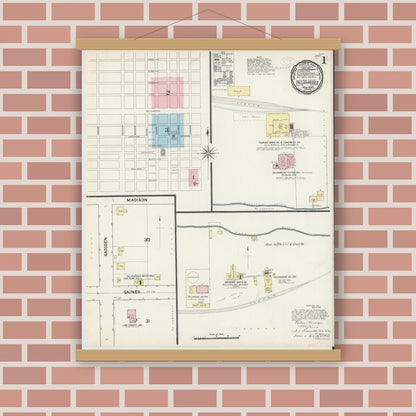 Old map wall art mockup — magnetic wood frame on brick wall — Sanborn Fire Insurance Map from Tallahassee, Leon County, Florida (1890) - Complete Map Set