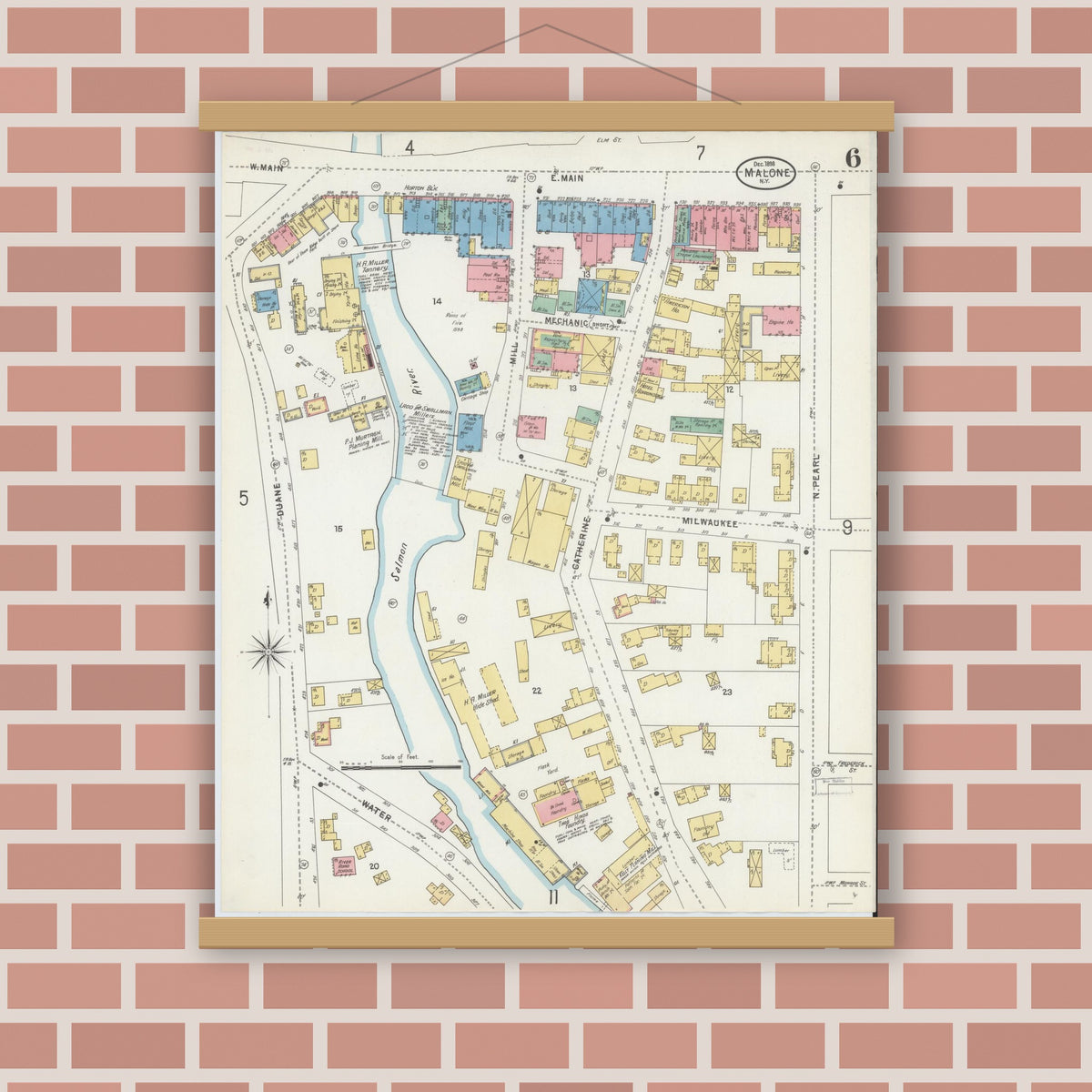 Old map wall art mockup — magnetic wood frame on brick wall — Sanborn Fire Insurance Map from Malone, Franklin County, New York (1898), Sheet #0006