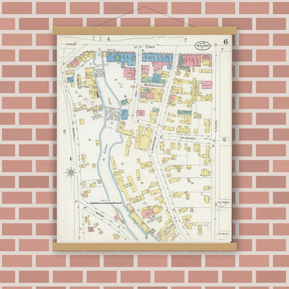 Old map wall art mockup — magnetic wood frame on brick wall — Sanborn Fire Insurance Map from Malone, Franklin County, New York (1898), Sheet #0006