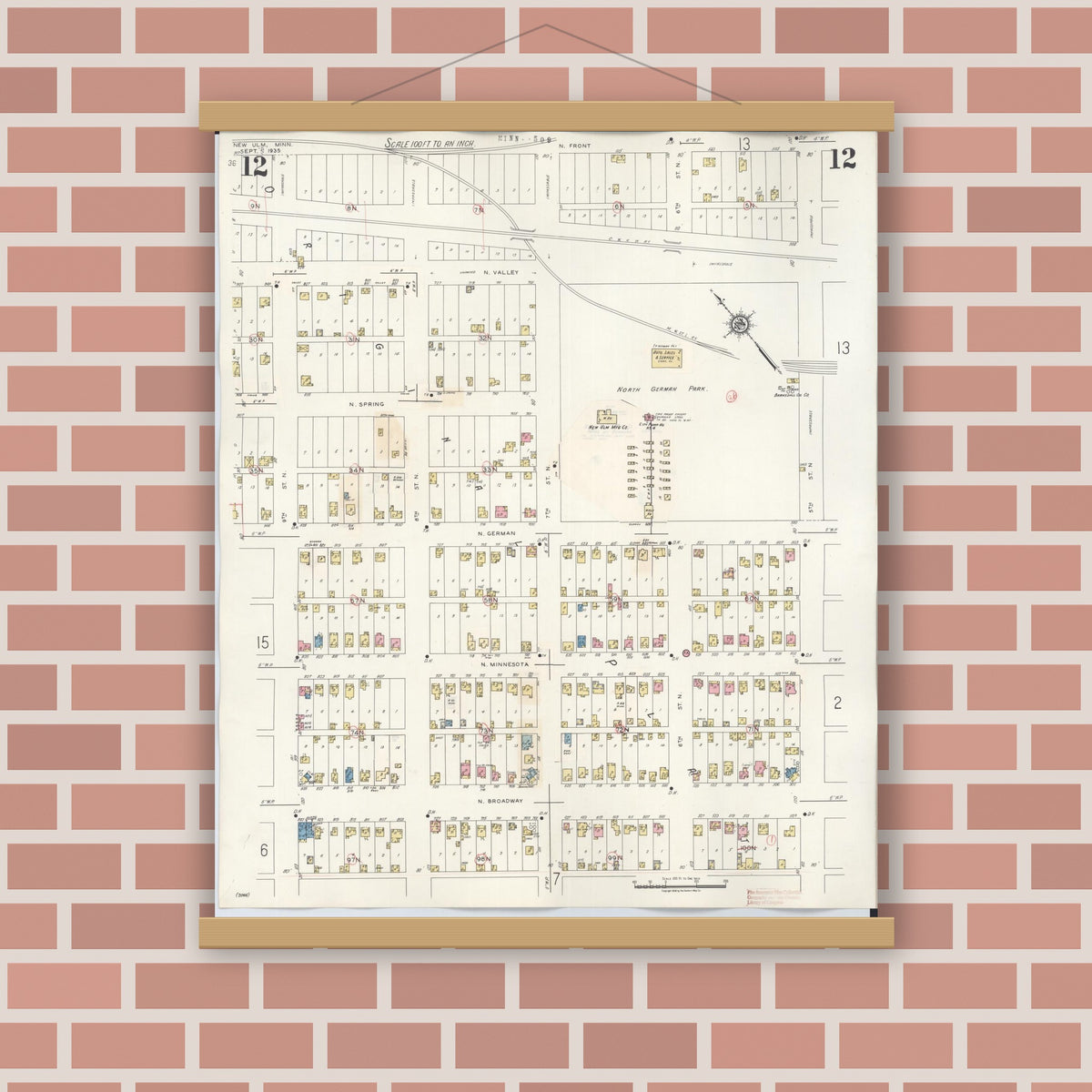 Old map wall art mockup — magnetic wood frame on brick wall — Sanborn Fire Insurance Map from New Ulm, Brown County, Minnesota (1946), Sheet #0012