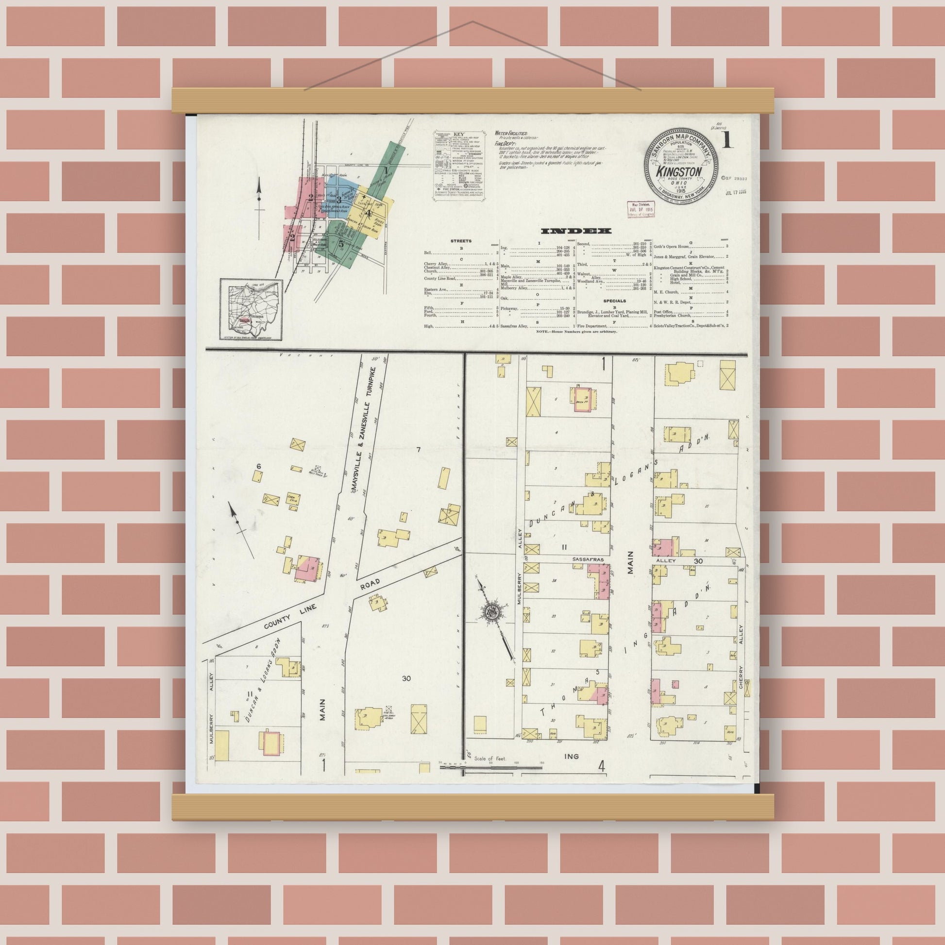 Old map wall art mockup — magnetic wood frame on brick wall — Sanborn Fire Insurance Map from Kingston, Ross County, Ohio (1915) - Complete Map Set