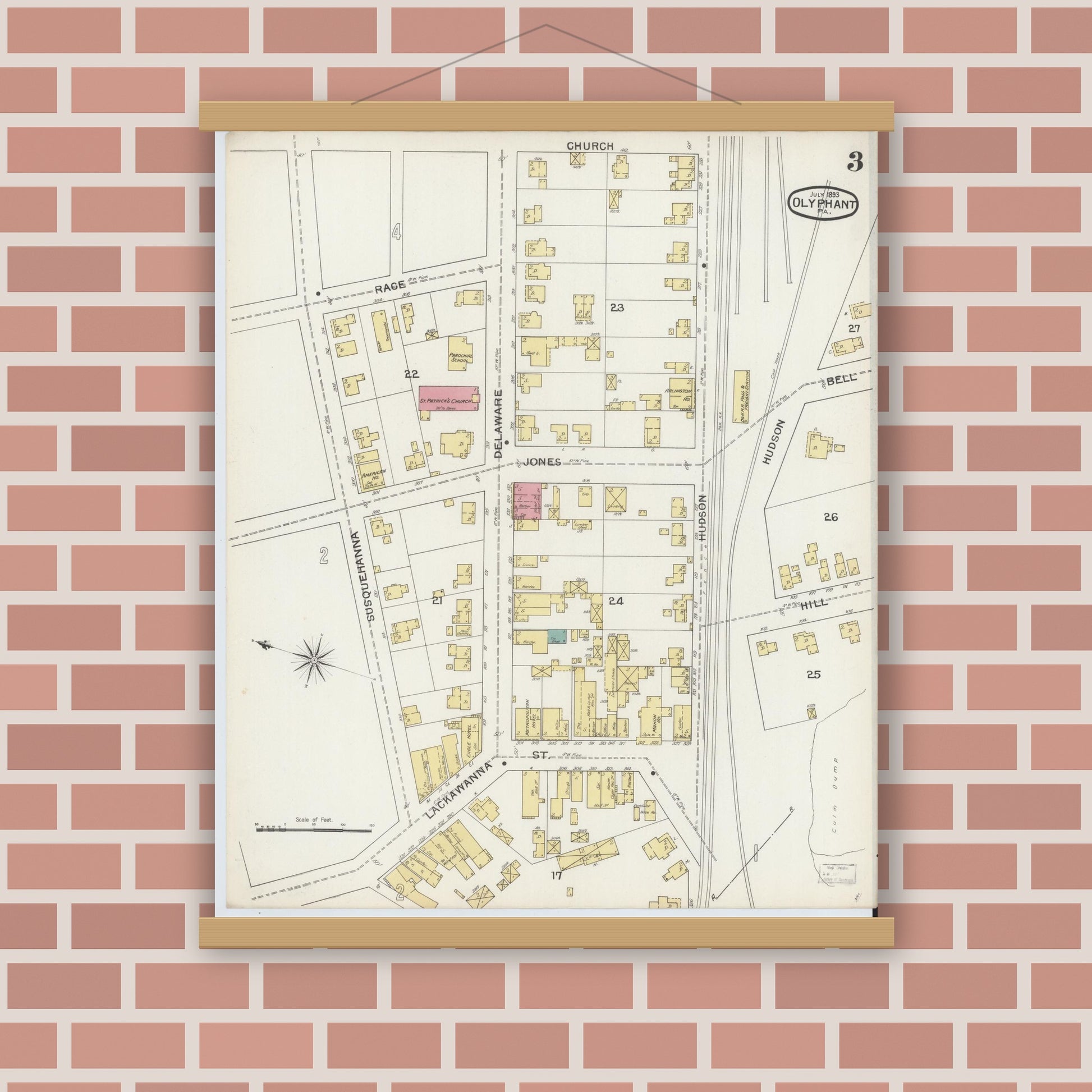 Old map wall art mockup — magnetic wood frame on brick wall — Sanborn Fire Insurance Map from Olyphant, Lackawanna County, Pennsylvania (1893), Sheet #0003