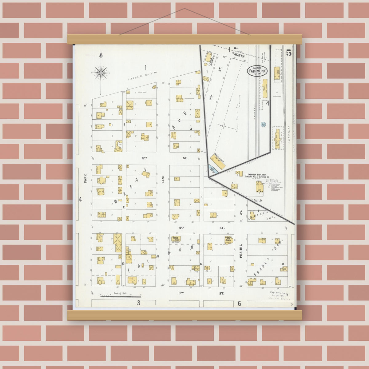 Old map wall art mockup — magnetic wood frame on brick wall — Sanborn Fire Insurance Map from Fairmont, Martin County, Minnesota (1900), Sheet #0005