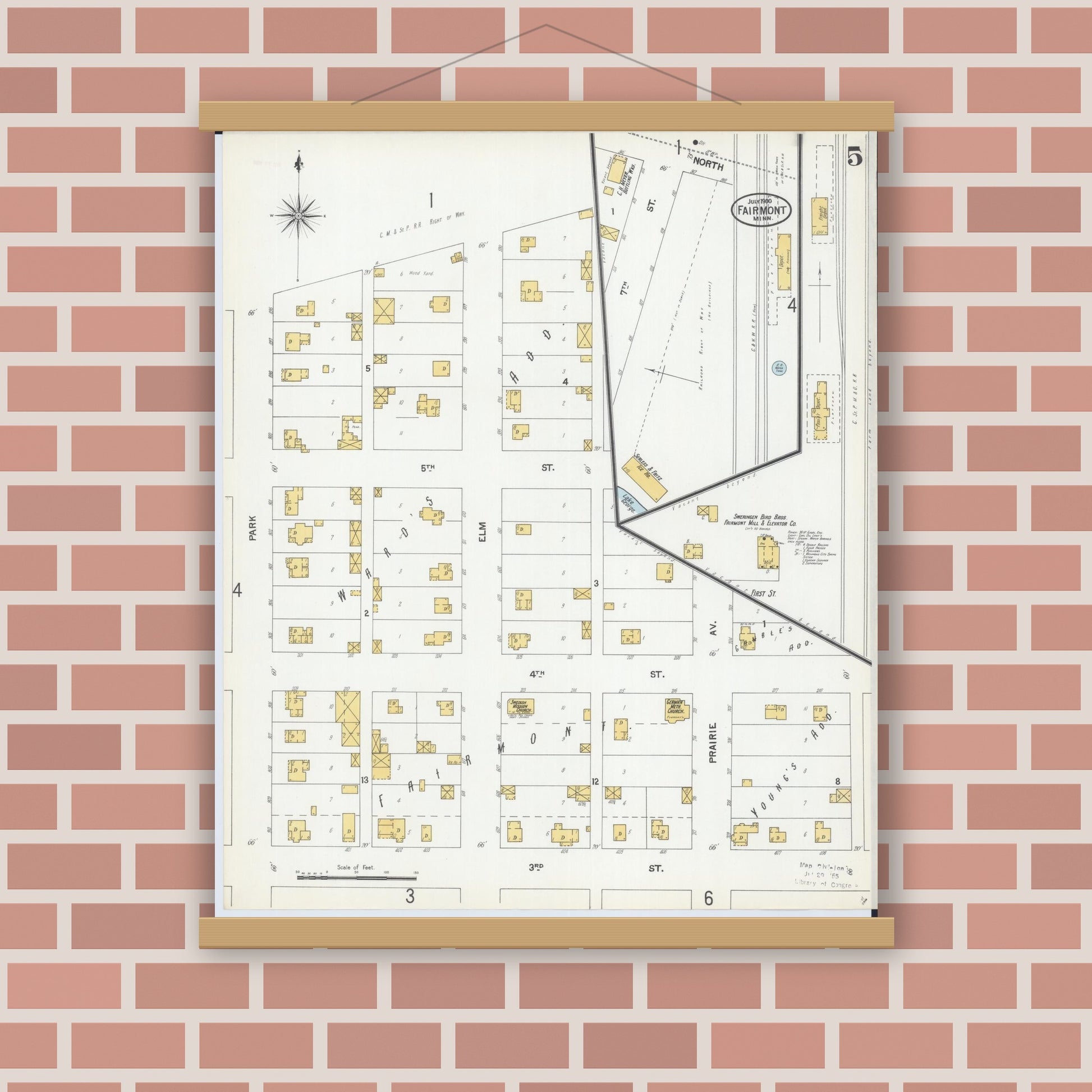Old map wall art mockup — magnetic wood frame on brick wall — Sanborn Fire Insurance Map from Fairmont, Martin County, Minnesota (1900), Sheet #0005