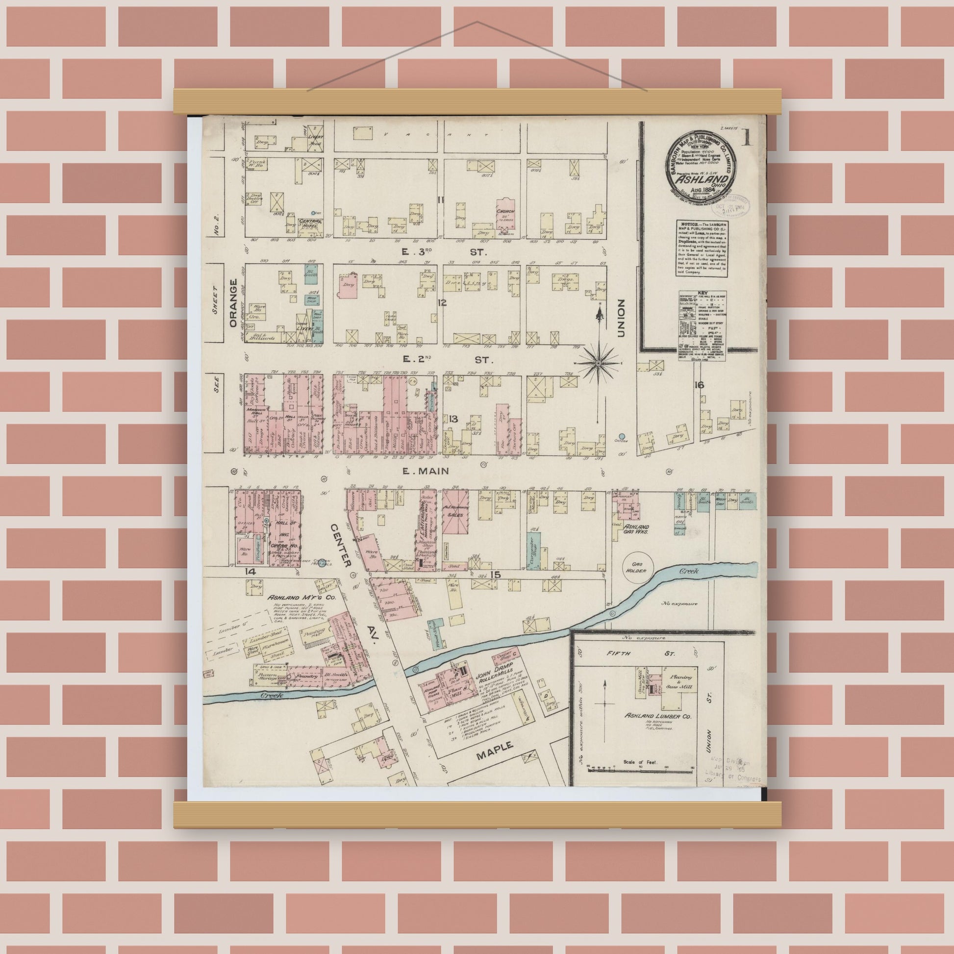 Old map wall art mockup — magnetic wood frame on brick wall — Sanborn Fire Insurance Map from Ashland, Ashland County, Ohio (1884) - Complete Map Set