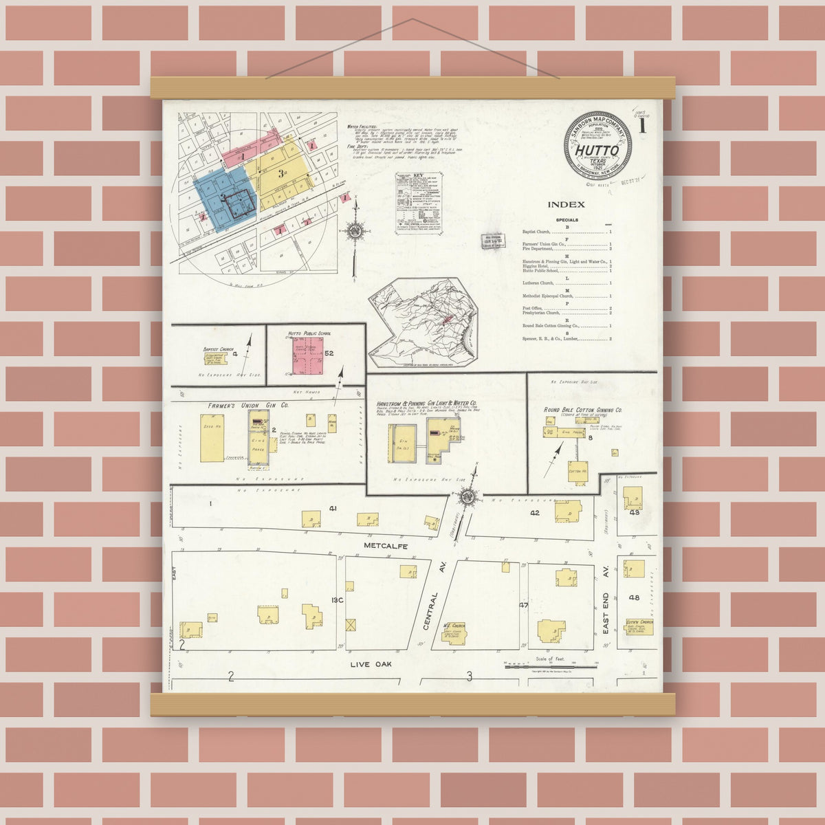 Old map wall art mockup — magnetic wood frame on brick wall — Sanborn Fire Insurance Map from Hutto, Williamson County, Texas (1921) - Complete Map Set