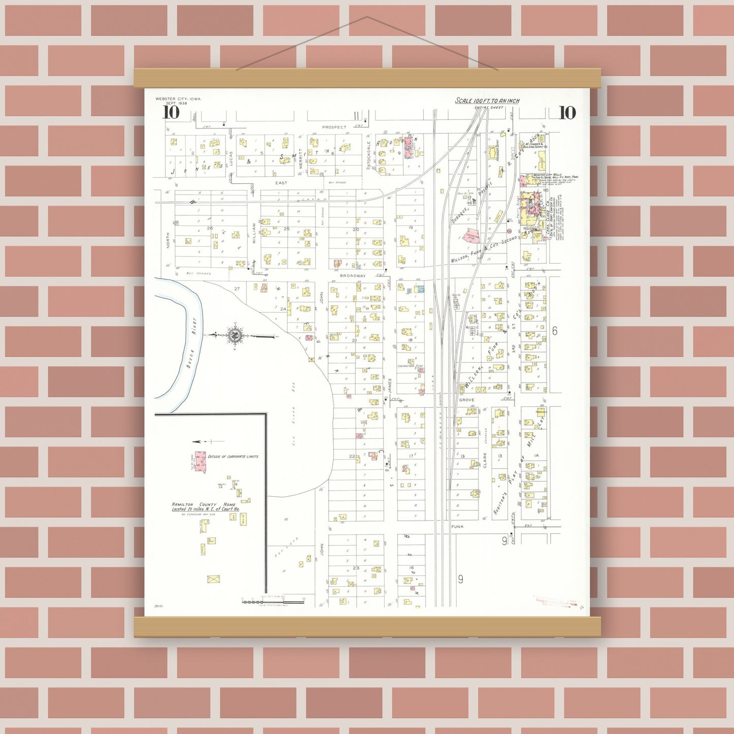 Old map wall art mockup — magnetic wood frame on brick wall — Sanborn Fire Insurance Map from Webster City, Hamilton County, Iowa (1938), Sheet #0010