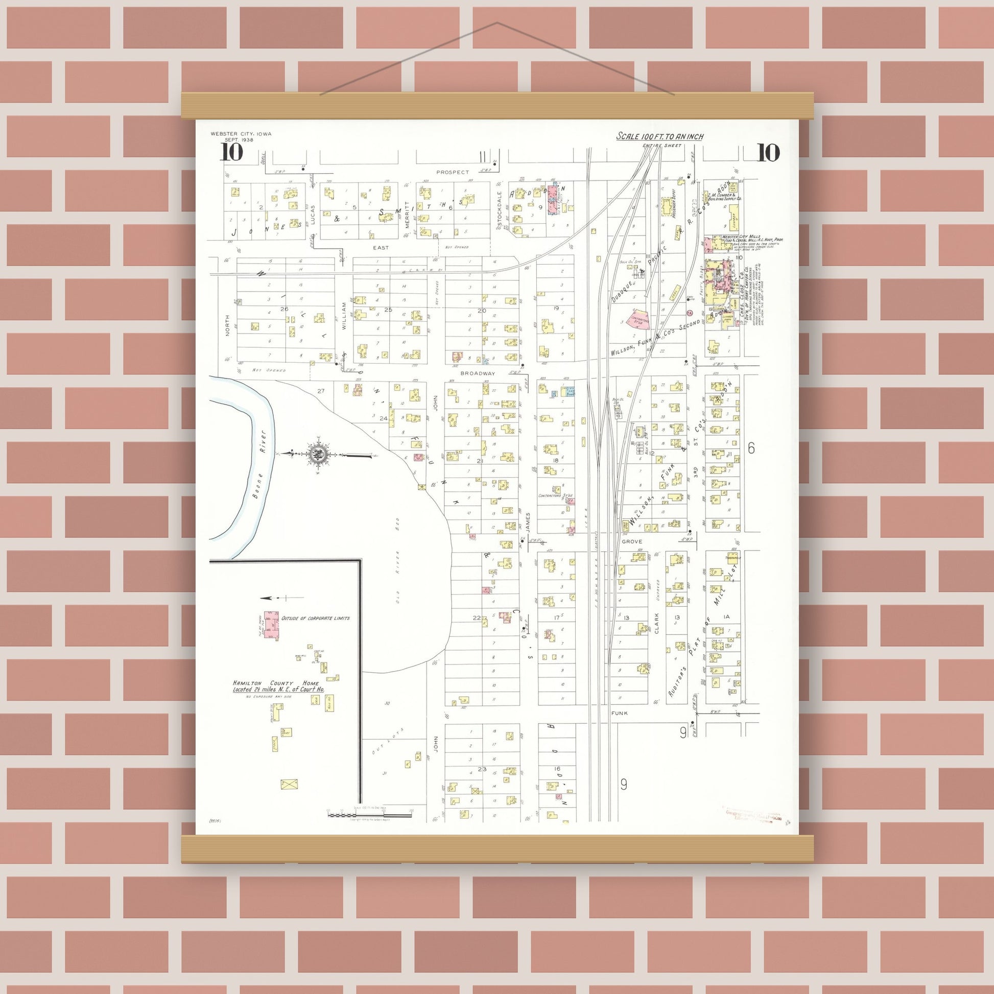 Old map wall art mockup — magnetic wood frame on brick wall — Sanborn Fire Insurance Map from Webster City, Hamilton County, Iowa (1938), Sheet #0010