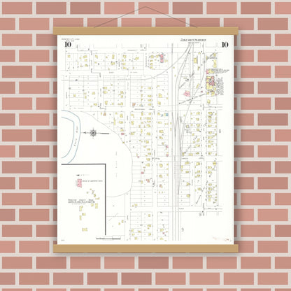 Old map wall art mockup — magnetic wood frame on brick wall — Sanborn Fire Insurance Map from Webster City, Hamilton County, Iowa (1938), Sheet #0010
