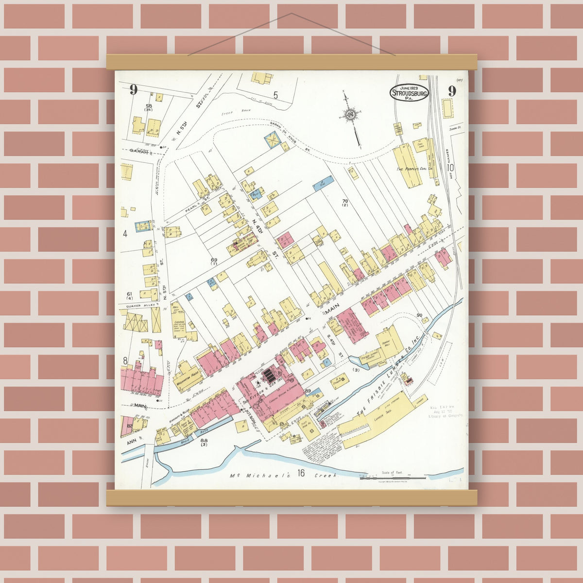 Old map wall art mockup — magnetic wood frame on brick wall — Sanborn Fire Insurance Map from Stroudsburg, Monroe County, Pennsylvania (1923), Sheet #0009