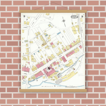 Old map wall art mockup — magnetic wood frame on brick wall — Sanborn Fire Insurance Map from Stroudsburg, Monroe County, Pennsylvania (1923), Sheet #0009
