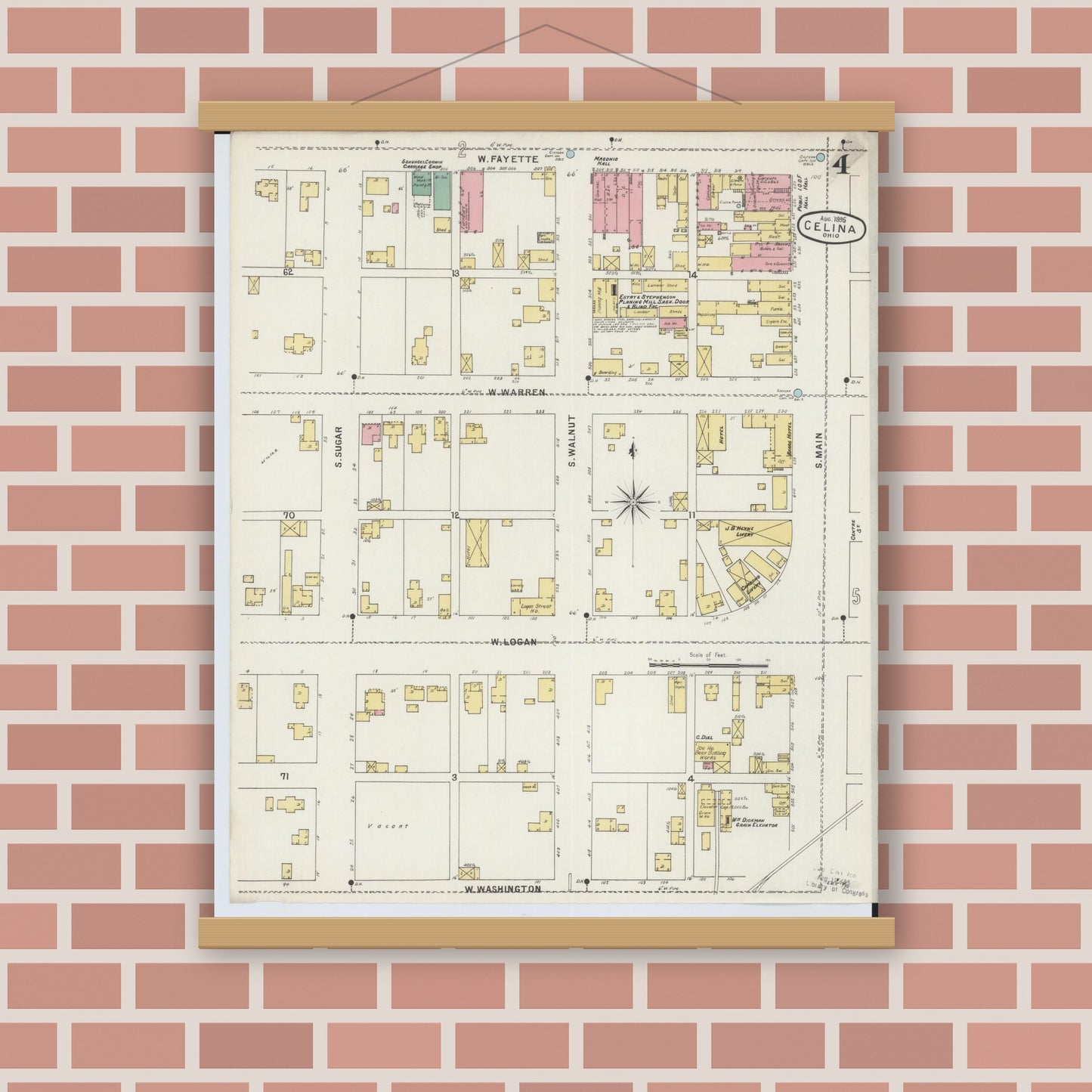 Old map wall art mockup — magnetic wood frame on brick wall — Sanborn Fire Insurance Map from Celina, Mercer County, Ohio (1895), Sheet #0004