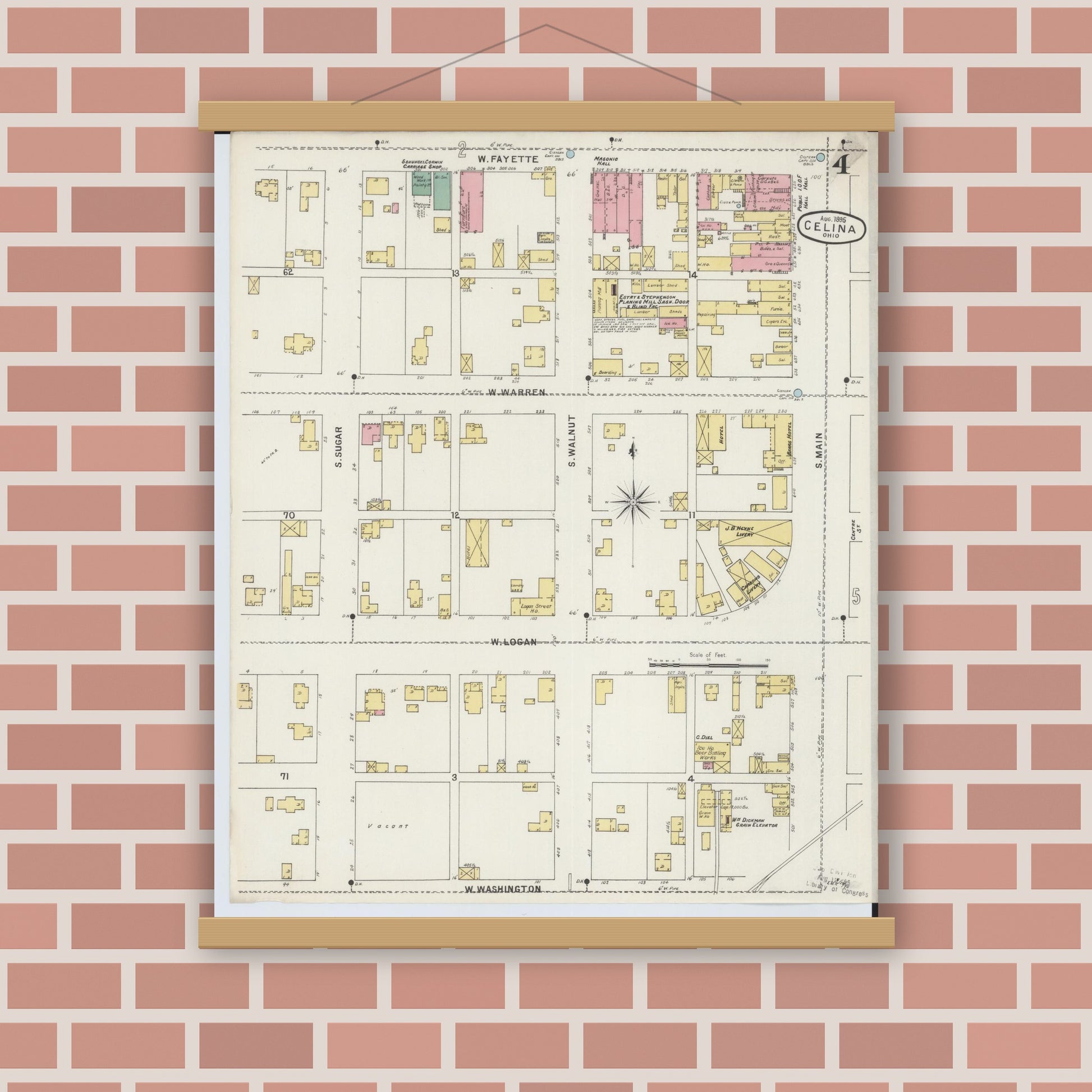 Old map wall art mockup — magnetic wood frame on brick wall — Sanborn Fire Insurance Map from Celina, Mercer County, Ohio (1895), Sheet #0004