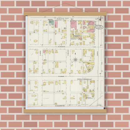 Old map wall art mockup — magnetic wood frame on brick wall — Sanborn Fire Insurance Map from Celina, Mercer County, Ohio (1895), Sheet #0004