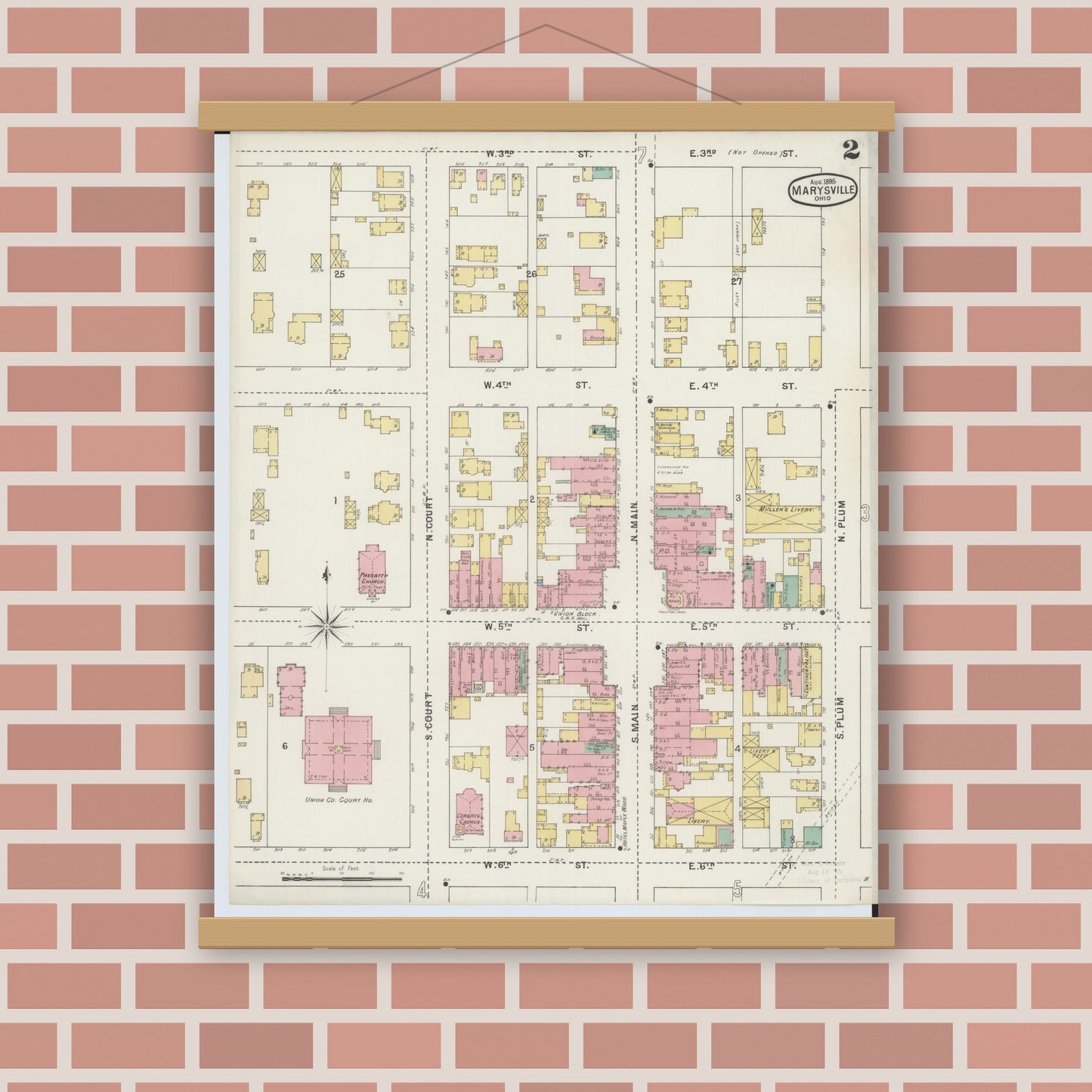 Old map wall art mockup — magnetic wood frame on brick wall — Sanborn Fire Insurance Map from Marysville, Union County, Ohio (1895), Sheet #0002