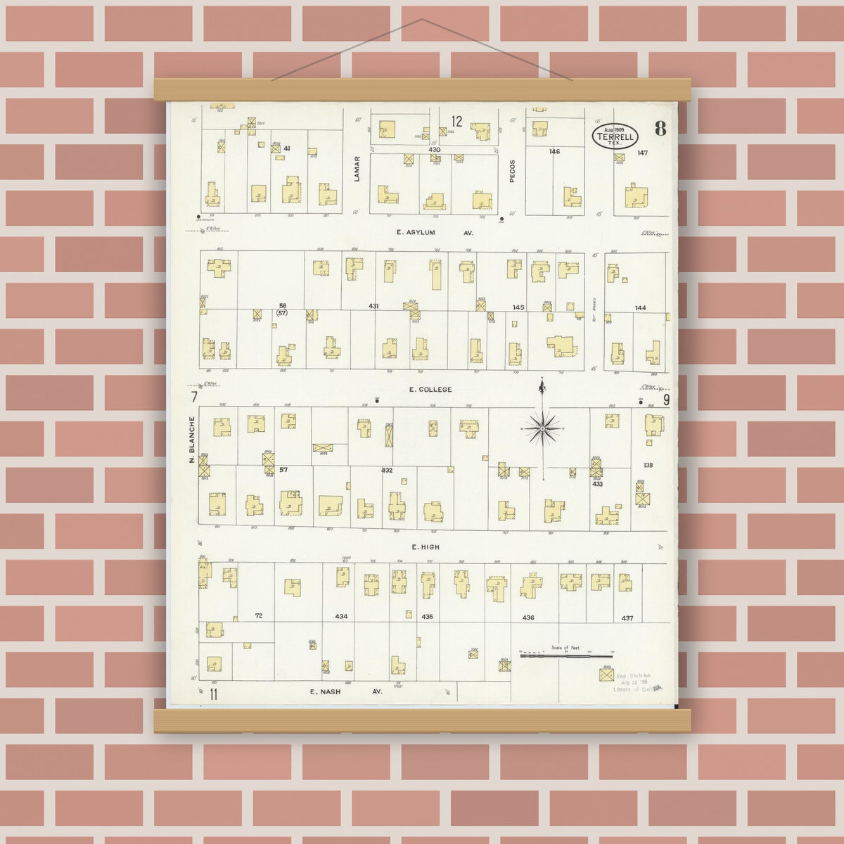 Old map wall art mockup — magnetic wood frame on brick wall — Sanborn Fire Insurance Map from Terrell, Kaufman County, Texas (1909), Sheet #0008