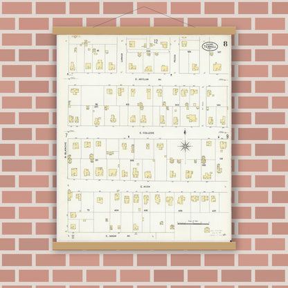 Old map wall art mockup — magnetic wood frame on brick wall — Sanborn Fire Insurance Map from Terrell, Kaufman County, Texas (1909), Sheet #0008