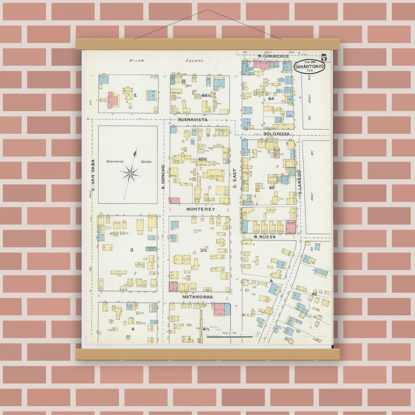 Old map wall art mockup — magnetic wood frame on brick wall — Sanborn Fire Insurance Map from San Antonio, Bexar County, Texas (1892), Sheet #0005