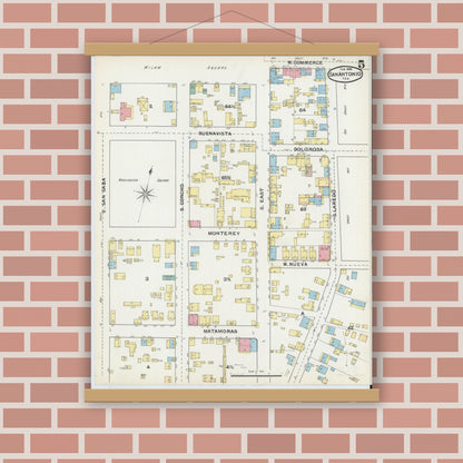 Old map wall art mockup — magnetic wood frame on brick wall — Sanborn Fire Insurance Map from San Antonio, Bexar County, Texas (1892), Sheet #0005