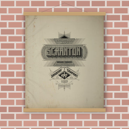 Old map wall art mockup — magnetic wood frame on brick wall — Sanborn Fire Insurance Map from Scranton, Lackawanna County, Pennsylvania (1919), Sheet #0001