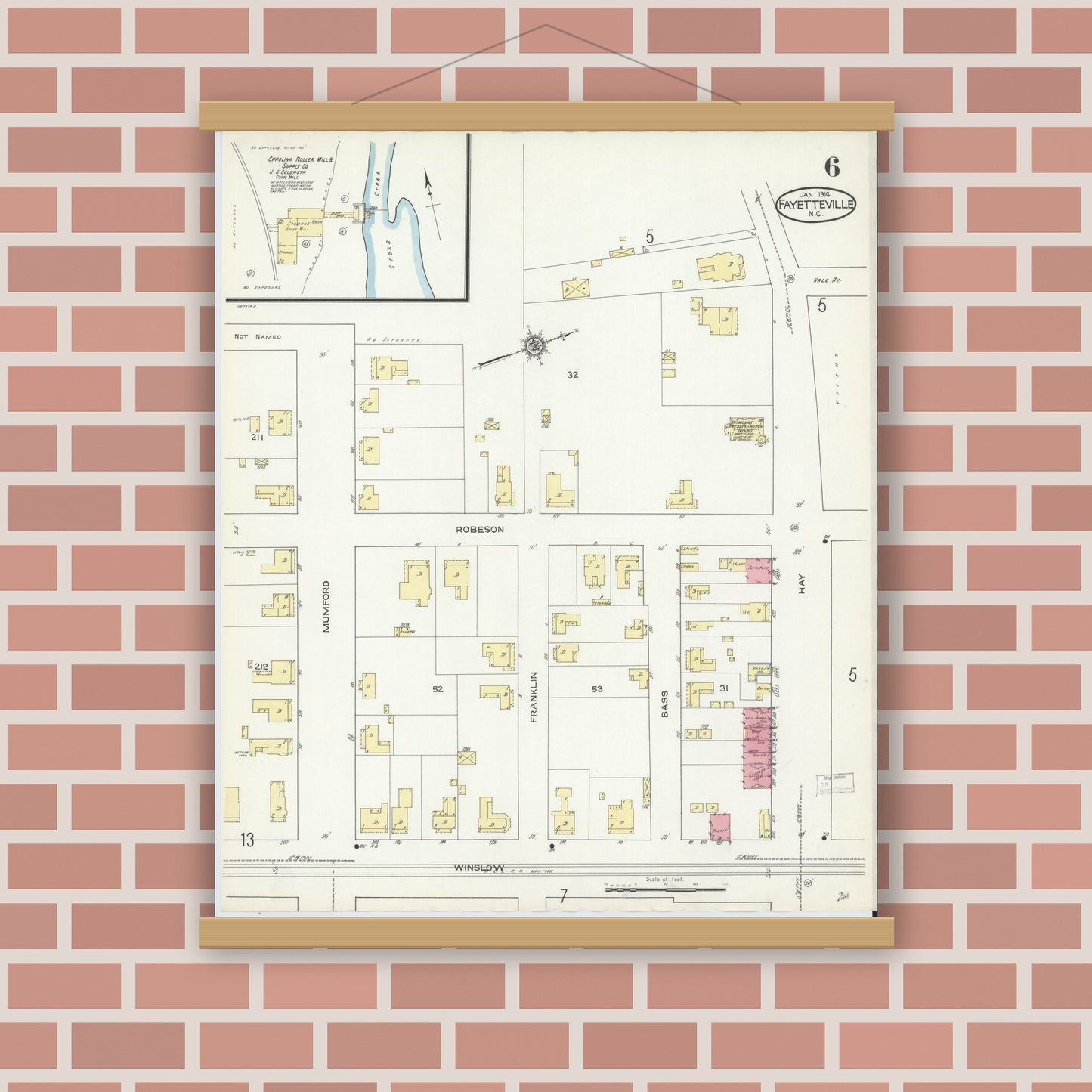 Old map wall art mockup — magnetic wood frame on brick wall — Sanborn Fire Insurance Map from Fayetteville, Cumberland County, North Carolina (1914), Sheet #0006