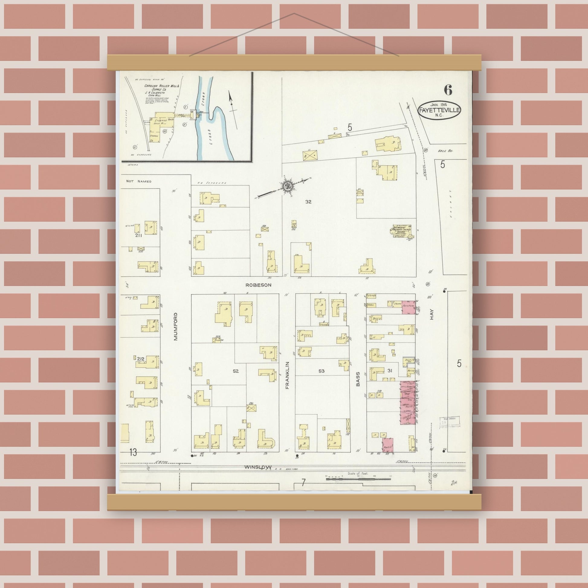 Old map wall art mockup — magnetic wood frame on brick wall — Sanborn Fire Insurance Map from Fayetteville, Cumberland County, North Carolina (1914), Sheet #0006