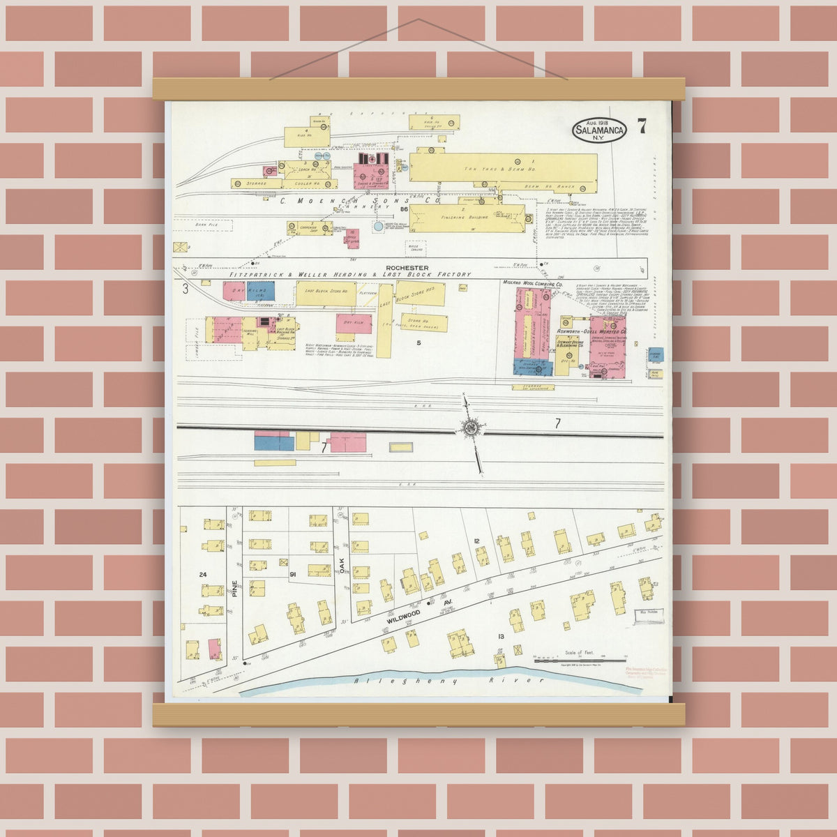 Old map wall art mockup — magnetic wood frame on brick wall — Sanborn Fire Insurance Map from Salamanca, Cattaraugus County, New York (1918), Sheet #0007
