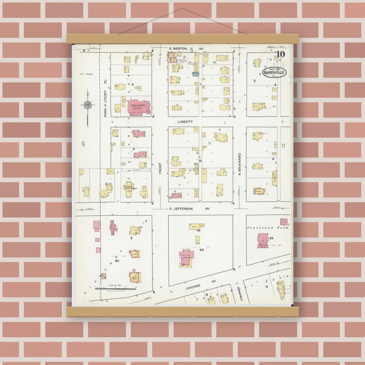 Old map wall art mockup — magnetic wood frame on brick wall — Sanborn Fire Insurance Map from Naperville, Du Page County, Illinois (1921), Sheet #0010