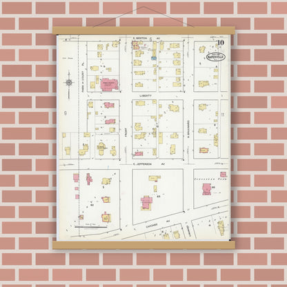 Old map wall art mockup — magnetic wood frame on brick wall — Sanborn Fire Insurance Map from Naperville, Du Page County, Illinois (1921), Sheet #0010