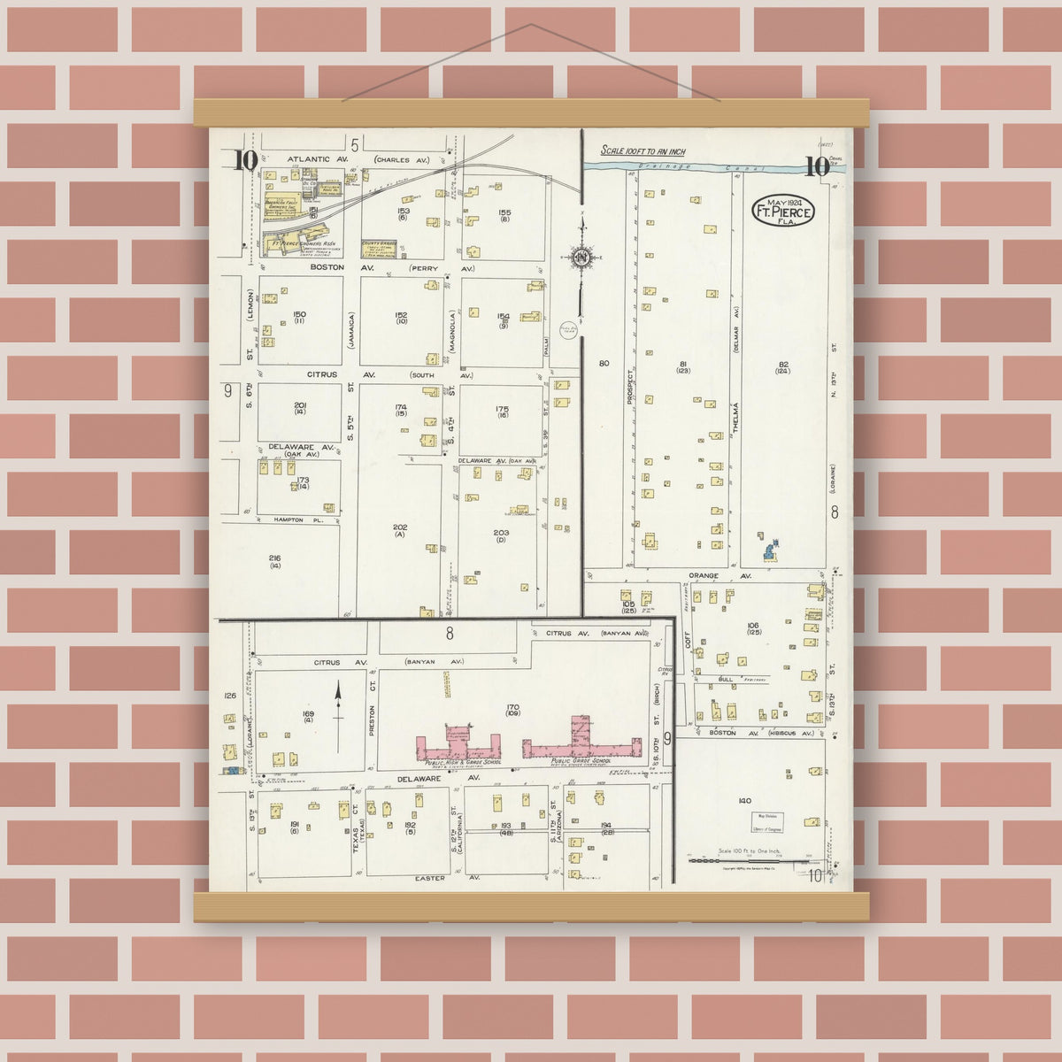 Old map wall art mockup — magnetic wood frame on brick wall — Sanborn Fire Insurance Map from Fort Pierce, St Lucie County, Florida (1924), Sheet #0010