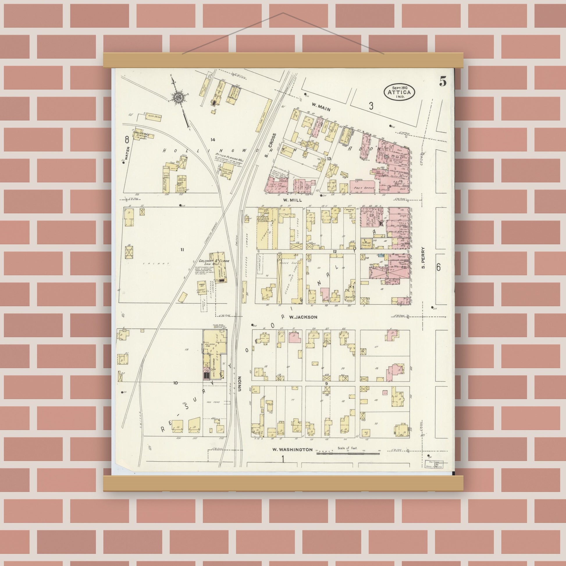Old map wall art mockup — magnetic wood frame on brick wall — Sanborn Fire Insurance Map from Attica, Fountain County, Indiana (1910), Sheet #0005
