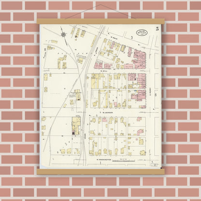 Old map wall art mockup — magnetic wood frame on brick wall — Sanborn Fire Insurance Map from Attica, Fountain County, Indiana (1910), Sheet #0005